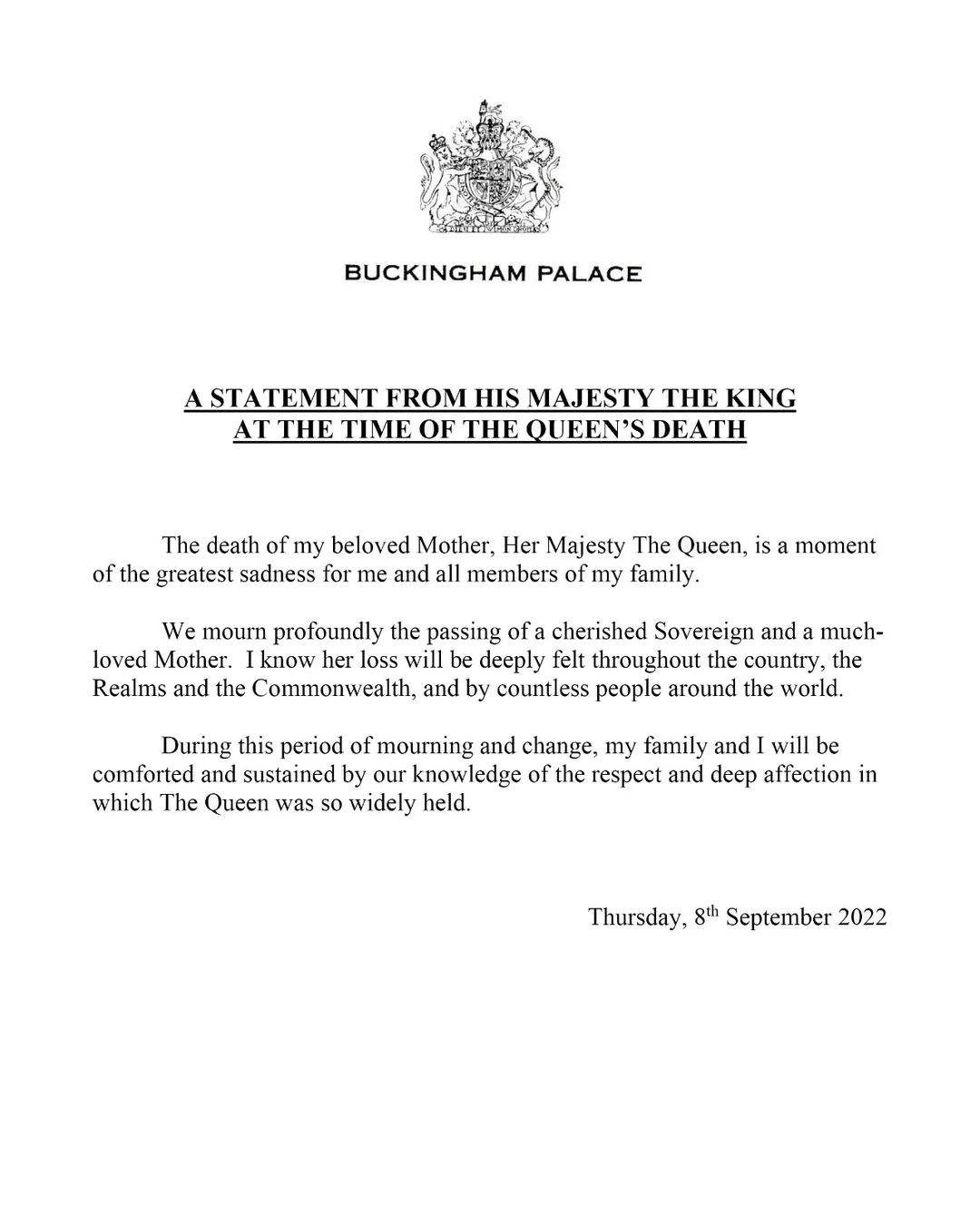Official statement by His Majesty King Charles at the time of the Queen’s death